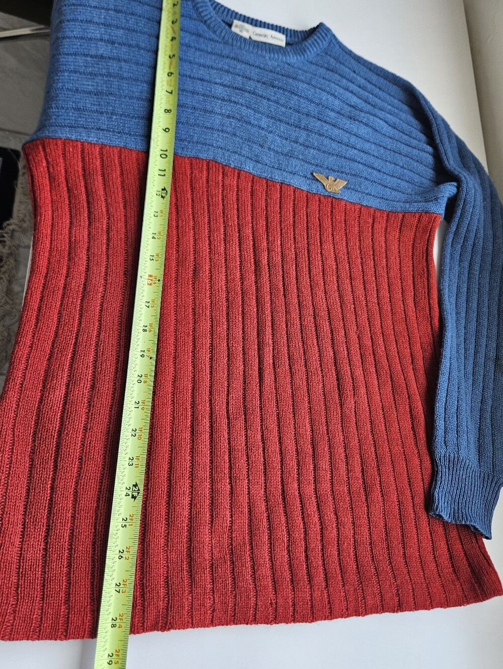Giorgio Armani Vintage Red & Blue Wool Ribbed Logo Retro Sweater - Picture 11 of 12